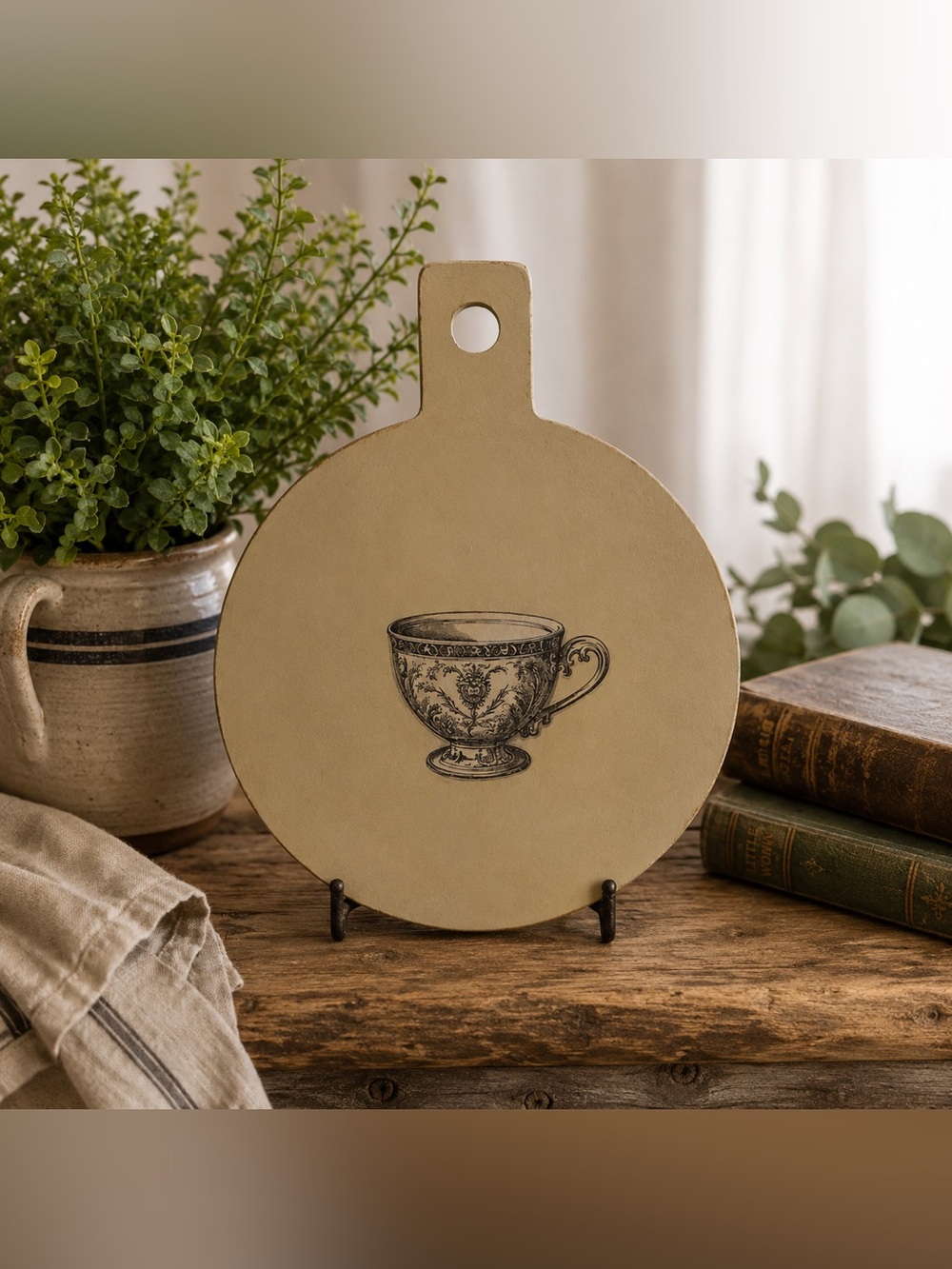 Vintage Tan Cutting Board with TeaCup Design.